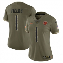 Women Chicago Bears 1 Justin Fields 2022 Olive Salute To Service Limited Stitched Jersey