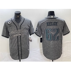 Men Philadelphia Eagles 62 Jason Kelce Gray With 3 star C Patch Cool Base Baseball Stitched Jersey