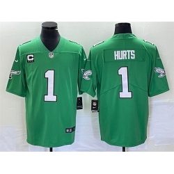 Youth Philadelphia Eagles 1 Jalen Hurts Green Vapor Limited With C Patch Stitched Football Jersey