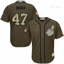 Mens Majestic Cleveland Indians 47 Trevor Bauer Replica Green Salute to Service MLB Jersey
