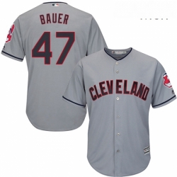 Mens Majestic Cleveland Indians 47 Trevor Bauer Replica Grey Road Cool Base MLB Jersey
