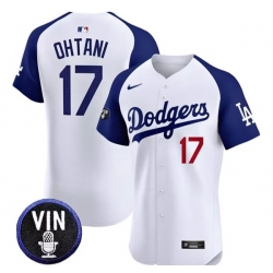 Men Men Los Angeles Dodgers 17 Shohei Ohtani White Vin Scully Patch Stitched Jersey
