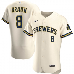 Men Milwaukee Brewers 8 Ryan Braun Men Nike Cream Home 2020 Flex Base Player MLB Jersey