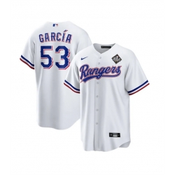 Men Texas Rangers 53 Adolis Garc EDa White 2023 World Series Stitched Baseball Jersey
