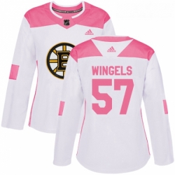 Womens Adidas Boston Bruins 57 Tommy Wingels Authentic White Pink Fashion NHL Jersey 
