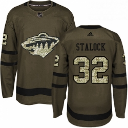 Mens Adidas Minnesota Wild 32 Alex Stalock Authentic Green Salute to Service NHL Jersey 