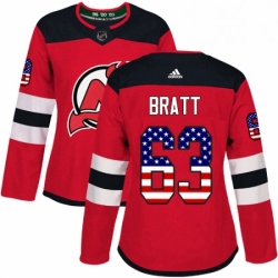 Womens Adidas New Jersey Devils 63 Jesper Bratt Authentic Red USA Flag Fashion NHL Jersey 