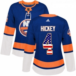 Womens Adidas New York Islanders 4 Thomas Hickey Authentic Royal Blue USA Flag Fashion NHL Jersey 