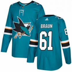 Mens Adidas San Jose Sharks 61 Justin Braun Premier Teal Green Home NHL Jersey 