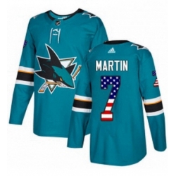 Mens Adidas San Jose Sharks 7 Paul Martin Authentic Teal Green USA Flag Fashion NHL Jersey 