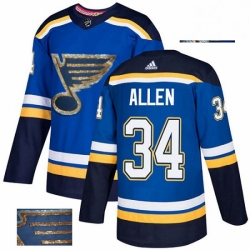 Mens Adidas St Louis Blues 34 Jake Allen Authentic Royal Blue Fashion Gold NHL Jersey 