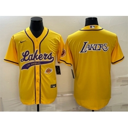 Men Los Angeles Lakers Yellow Big Logo With Patch Cool Base Stitched Baseball JerseyS