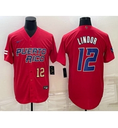 Mens Puerto Rico Baseball #12 Francisco Lindor Number 2023 Red World Baseball Classic Stitched Jersey